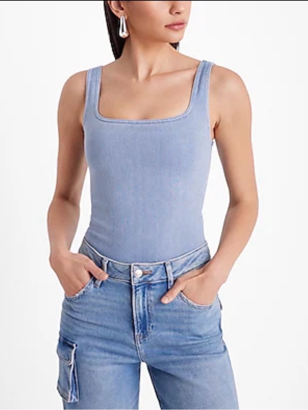 Express Denim Blue Square-Neck Bodysuit- Women's